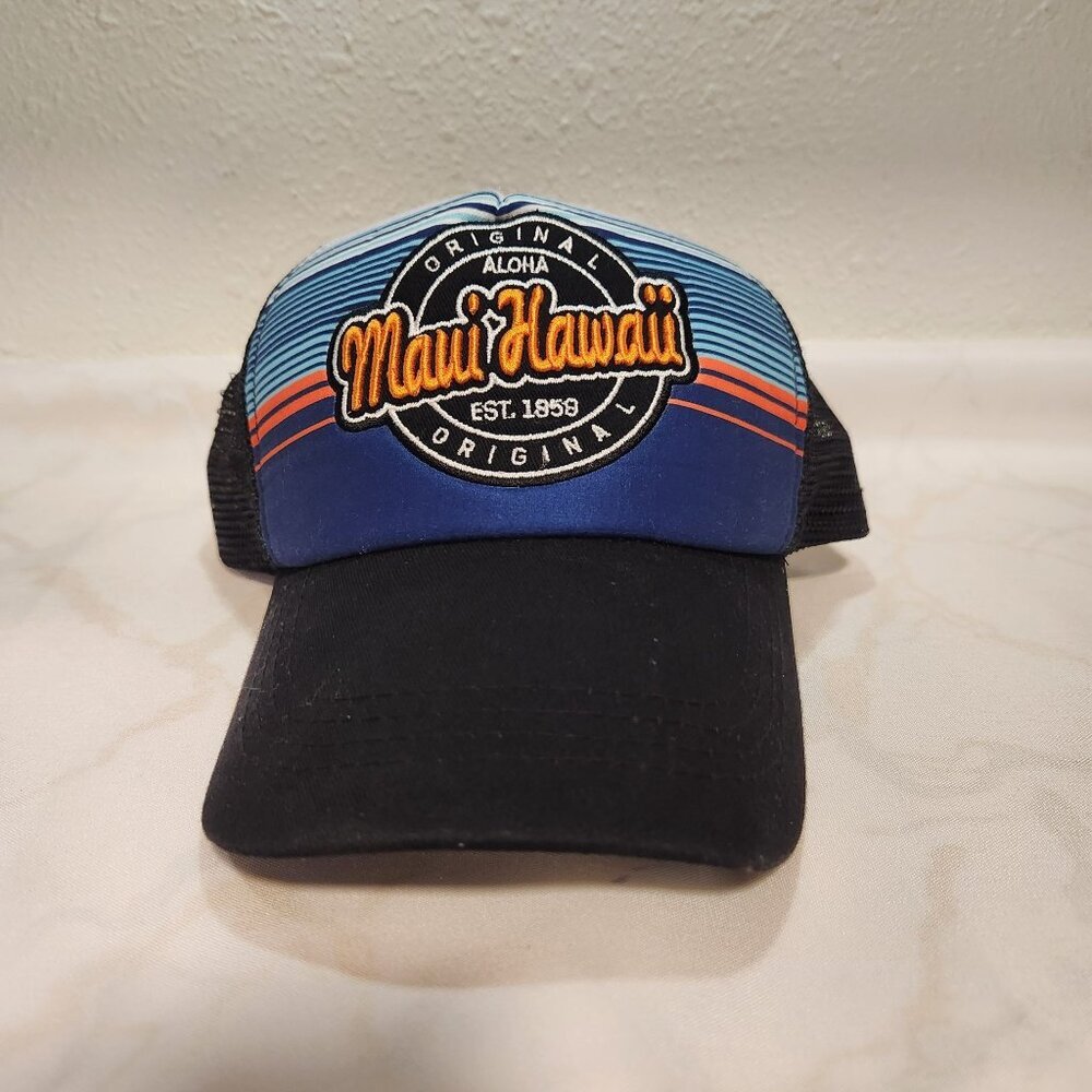 Maui Hawaii‎ Snap Back Trucker Hat Black Bill Blue and Red Front